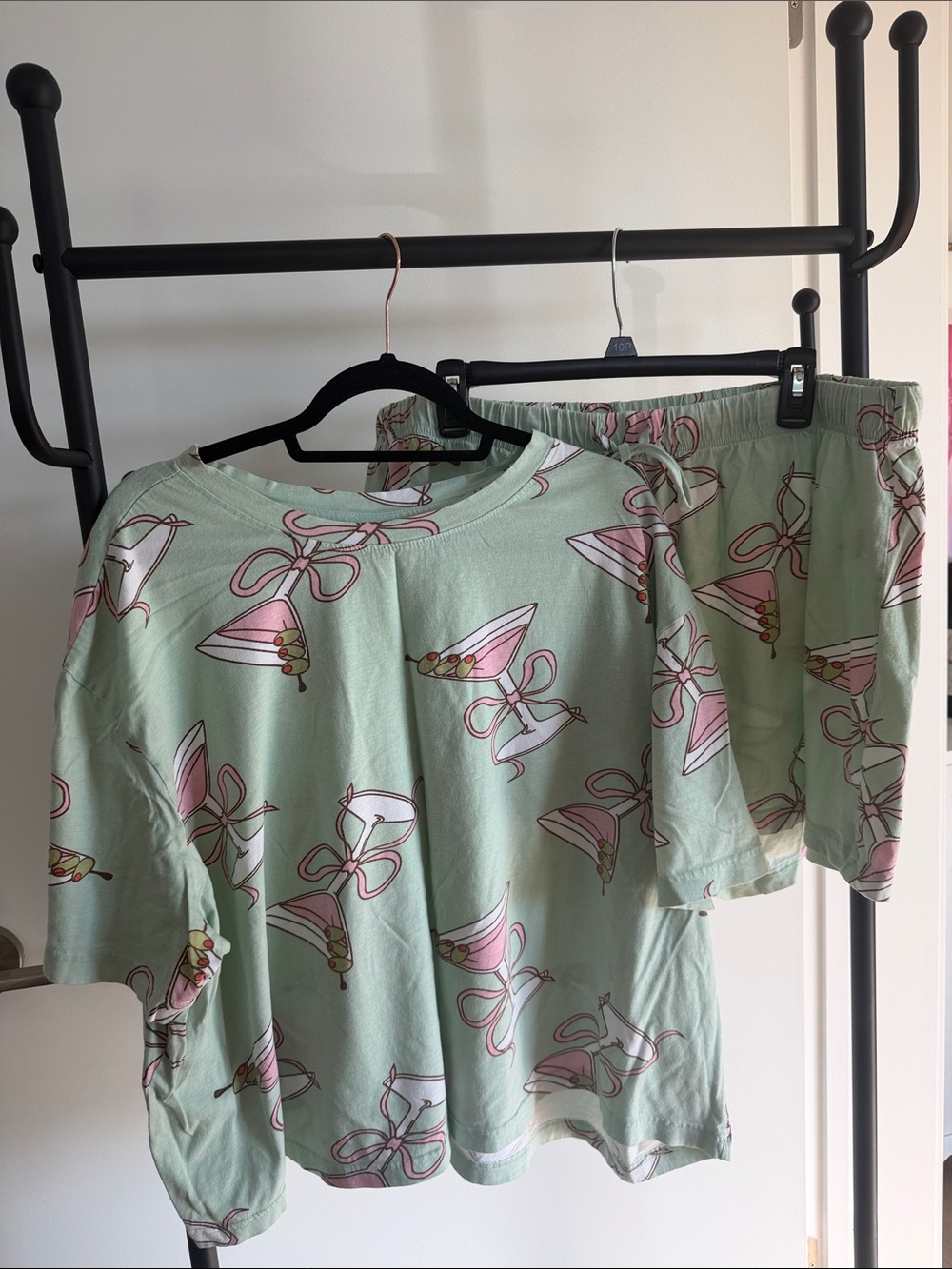 ASOS Mint Green Short Sleeve Pajama Set with Pink Bell & Bow Print
